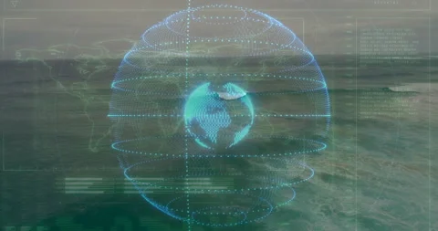 Pixelated ocean opening, sphere forming, rings stacking, rotating data globe Stock Footage 309850952
