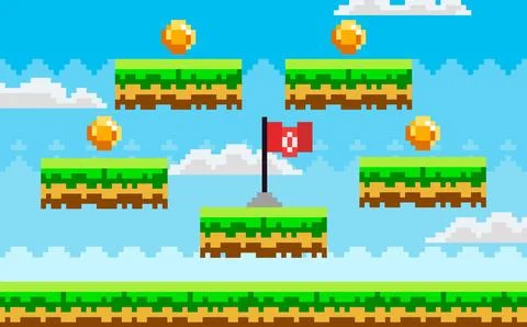 Pixelated Platform Game Level with Coins and Flag Against a Bright Sky イラスト素材