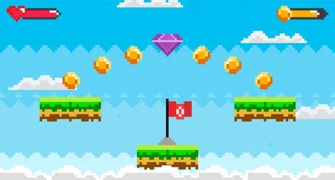 Pixelated Platform Game Level with Coins Flag and Diamond in the Sky Stock Illustration