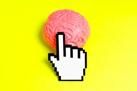 Pixelated Pointer Cursor Clicks Human Brain Model 스톡 사진