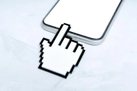 Pixelated Pointer Cursor Shape Touches a Phone Screen Stock Photos