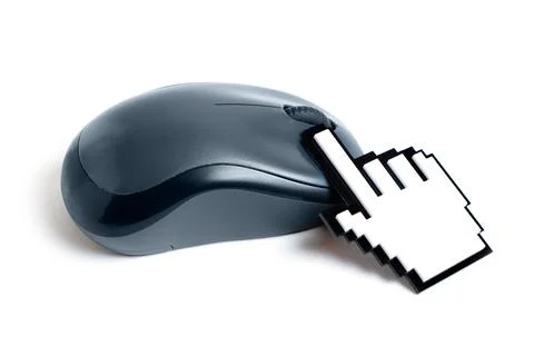 Pixelated Pointer Figurine Clicks a Computer Mouse 写真素材