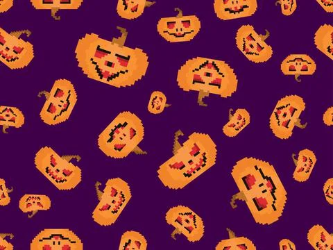 Pixelated pumpkins with carved faces for Halloween seamless pattern. 8 bit Ha Stock Illustration
