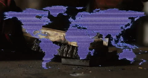 Pixelated purple world map overlay flowing across workbench revealing wire brush Vidéo 309145763