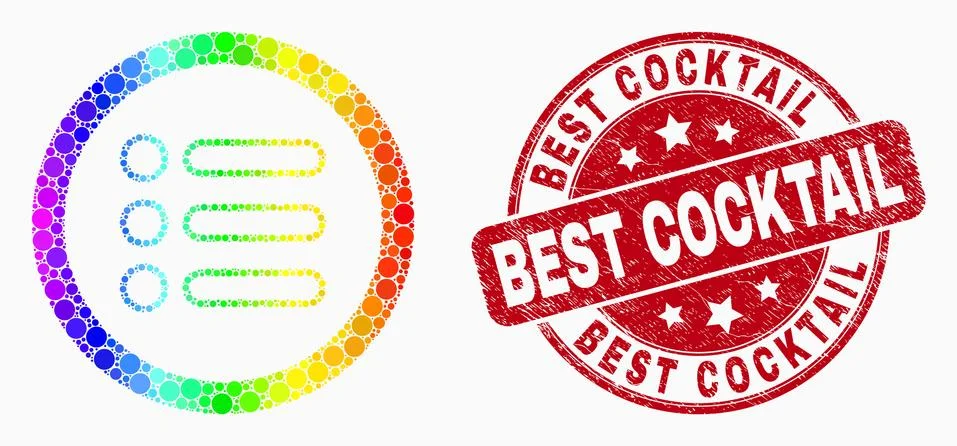 Pixelated rainbow gradiented rounded items mosaic icon and Best Cocktail wate 스톡 일러스트