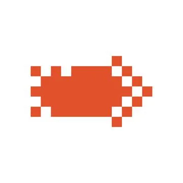 Pixelated red arrow. Button design isolated on white background. Illustrazione stock
