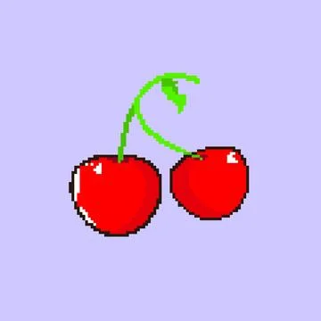 Pixelated Red Cherries with Green Stems Pixel Art Stock Illustration