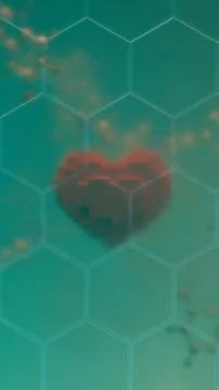Pixelated red heart behind transparent hexagon molecular pattern in green b.. Ilustración de archivo