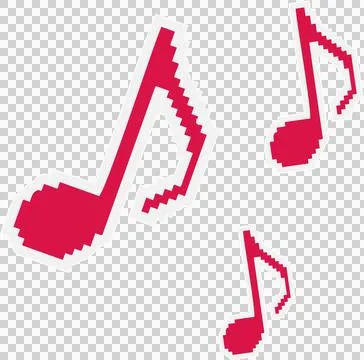 Pixelated red musical notes are floating separately on transparent canvas in Illustrazione stock