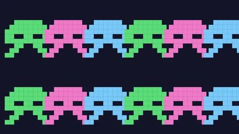 Pixelated retro game characters running in colorful blocks on dark background Stock Illustration
