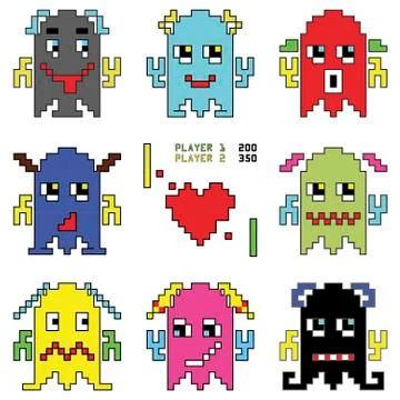 Pixelated robot emoticons 1 shooting  heart shape element inspired by 90's Stock Illustration