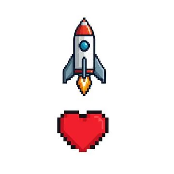 Pixelated rocket ship soaring above a vibrant red heart signifying love for.. Stock Illustration