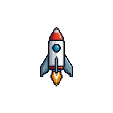 Pixelated rocket soaring upwards depicting technological advancement and fu.. 스톡 일러스트
