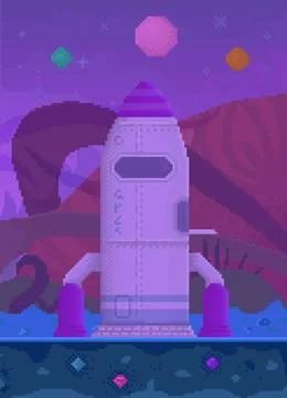 Pixelated rocket standing on unknown purple planet. Combat pixel aircraft for Stock Illustration