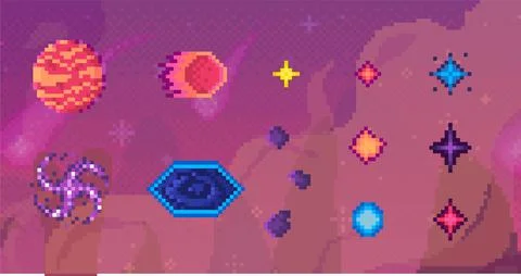 Pixelated sky with flying objects. Alien space with stars, planets and black Stock Illustration