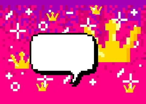Pixelated speech bubble with geometric graphic background. Vector cartoon i.. Illustrazione stock