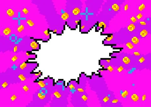 Pixelated speech bubble with geometric graphic background. Vector cartoon i.. 库存插图