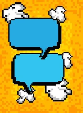 Pixelated speech bubble with geometric graphic background. Retro cartoon ve.. Stock Illustration