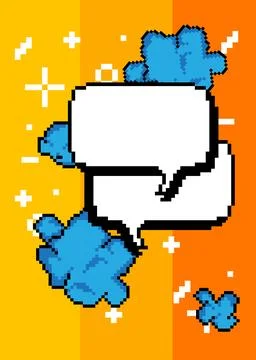 Pixelated speech bubble with geometric graphic background. Retro cartoon ve.. Illustrazione stock