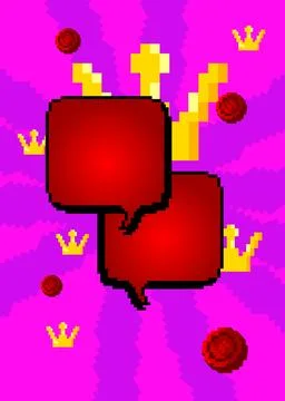 Pixelated speech bubble with geometric graphic background. Retro cartoon ve.. Illustrazione stock
