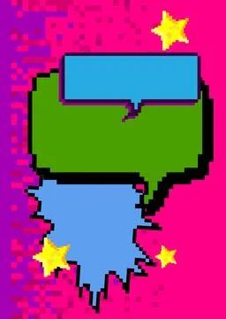Pixelated speech bubble with geometric graphic background. Retro cartoon ve.. Stock Illustration