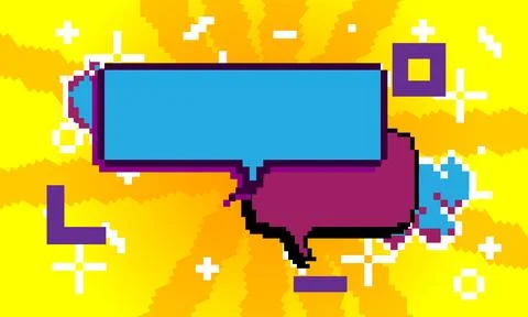 Pixelated speech bubble with geometric graphic background. Retro cartoon ve.. Stock Illustration