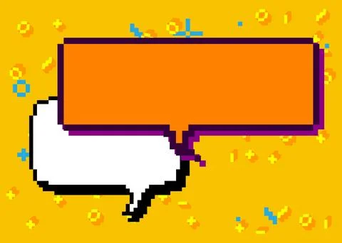 Pixelated speech bubble with geometric graphic background. Retro cartoon ve.. Stock Illustration