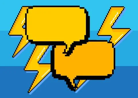 Pixelated speech bubble with geometric graphic background. Retro cartoon ve.. Stock Illustration