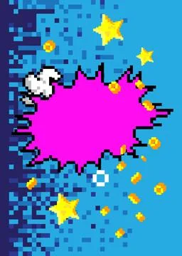 Pixelated speech bubble with geometric graphic background. Retro cartoon ve.. Illustrazione stock