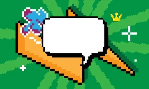 Pixelated speech bubble with geometric graphic background. Retro cartoon ve.. Stock Illustration