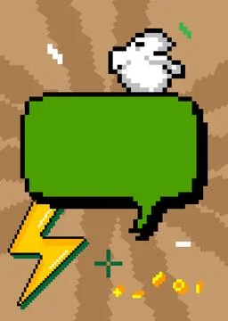 Pixelated speech bubble with geometric graphic background. Retro cartoon ve.. Stock Illustration