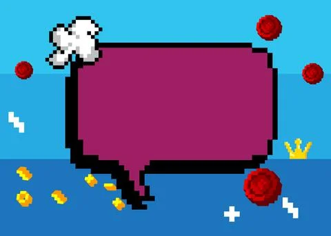 Pixelated speech bubble with geometric graphic background. Retro cartoon ve.. Stock Illustration