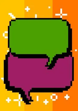 Pixelated speech bubble with geometric graphic background. Retro cartoon ve.. Ilustración de archivo