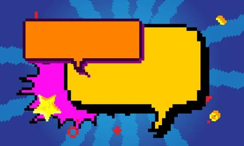 Pixelated speech bubble with geometric graphic background. Retro cartoon ve.. Ilustración de archivo
