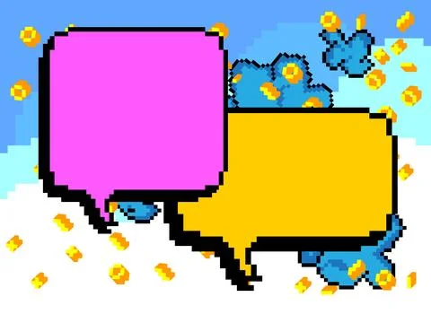 Pixelated speech bubble with geometric graphic background. Retro cartoon ve.. Ilustración de archivo