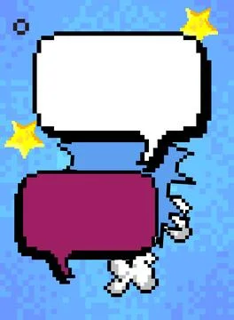 Pixelated speech bubble with geometric graphic background. Retro cartoon ve.. Ilustración de archivo