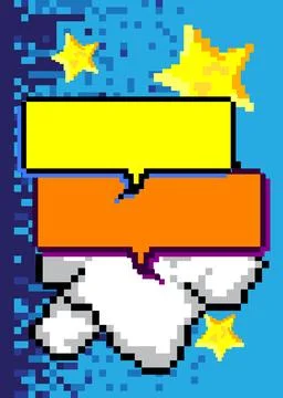 Pixelated speech bubble with geometric graphic background. Retro cartoon ve.. Ilustración de archivo