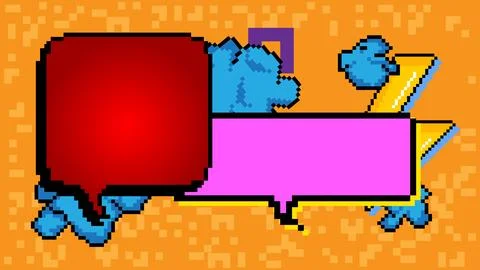 Pixelated speech bubble with geometric graphic background. Retro cartoon ve.. Ilustración de archivo