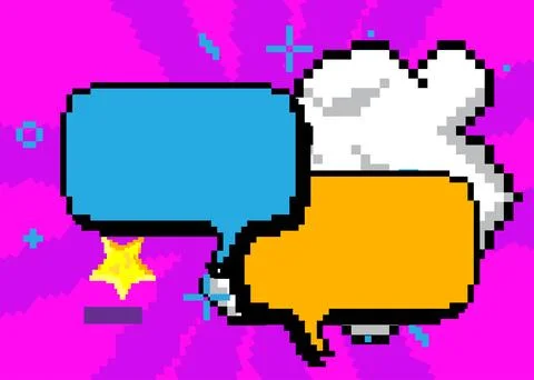 Pixelated speech bubble with geometric graphic background. Retro cartoon ve.. Ilustración de archivo