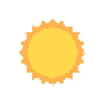 Pixelated sun icon bright yellow orange. Retro-style pixel art sun minimal Stock-Illustration