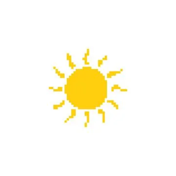 Pixelated sun illustration. Simple pixel art of a yellow sun with rays extending Stock Illustration