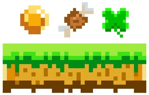 Pixelated symbols of items collected during game against background of ground 스톡 일러스트
