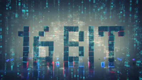 Pixelated text 16 bit and computer data stream seamless loop 3D render animation Stock Footage 114093188