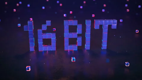 Pixelated text 16 bit with glowing edges seamless loop 3D render animation Stock Footage 117333830