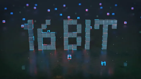 Pixelated text 16 bit on reflective floor seamless loop 3D render animation Stock Footage 108292354