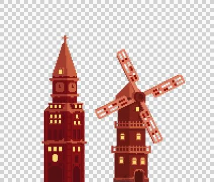 Pixelated tower and mill Ilustración de archivo