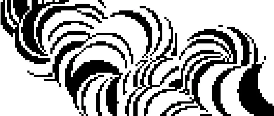 Pixelated undulate wave shape. Black dither wreathed textured background. Dotted Ilustración de archivo