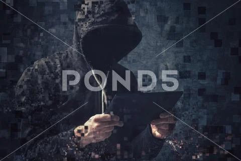 Pixelated unrecognizable hooded cyber criminal Stock Photos