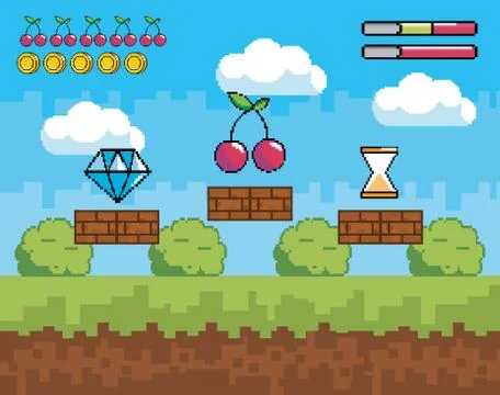 Pixelated videogame scene with diamond and cherry Stock Illustration