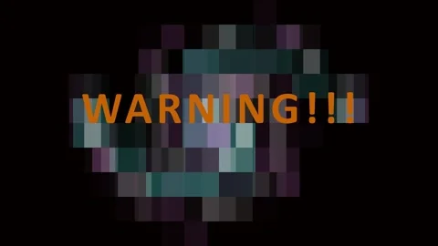 Pixelated warning text flashes against dark background with glitch effects Stock Footage 343413427